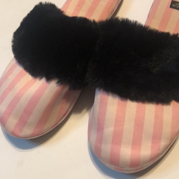 Victoria’s Secret striped black & pink fur slippers - Picture 2 of 7